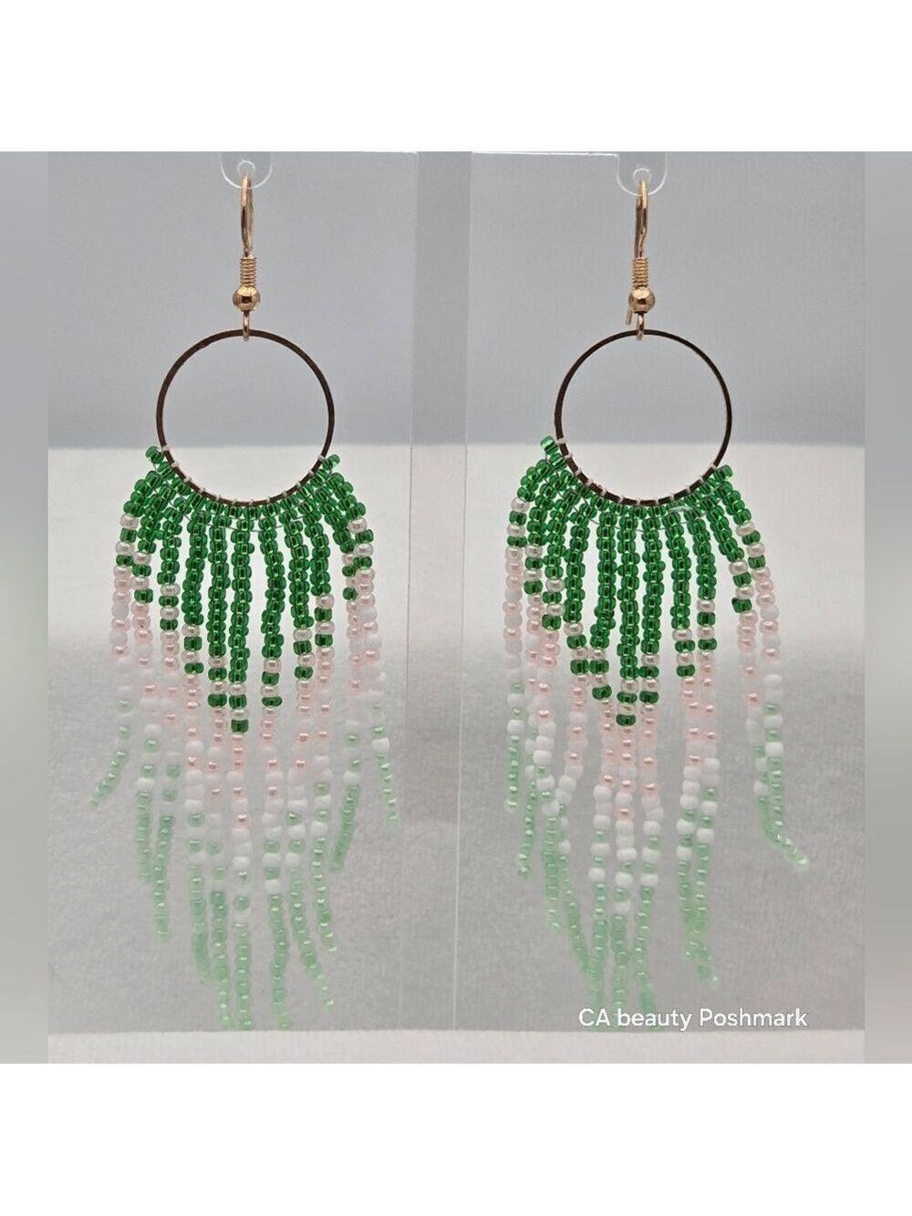 Handmade Gold Hoop Seed Bead Earrings Green Pink White Minimalist